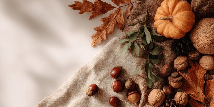 Autumn harvest still life: Pumpkin, nut, leaf on cloth background