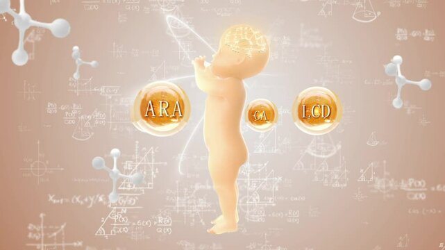 Golden balls revolve around the brain of a baby holding a milk bottle, nourishing the brain, promoting brain nerve conduction and nervous system development, dairy product ads solution, 3D rendering.