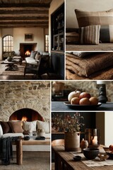 Fototapeta premium Cozy interior design with fireplace, wooden table and stone wall