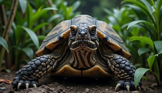 Intricate patterns adorn the shell of a determined turtle in lush greenery