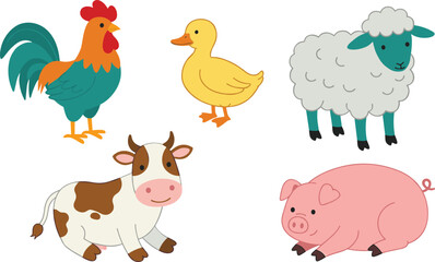 Cute cartoon farm animals including cow, pig, sheep, duck and rooster, colorful vector illustration, isolated domestic animal character clipart set