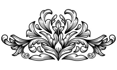 Hand drawn baroque vintage flower element. Arabesque damask engraving ornament decorative design. Classical flourish filigree ornamental vector illustration