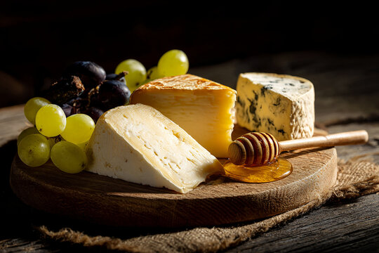 Gourmet cheese platter with grapes and honey on a rustic wooden board - Powered by Adobe