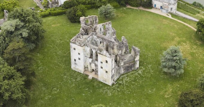 Aerial view of Old Wardour Castle in Wiltshire, England, reveals majestic remnants of medieval architecture