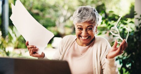 Paper, celebration and senior woman with financial success, mortgage approval or profit on laptop....
