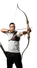 Focused male archer aiming with traditional bow on dark background