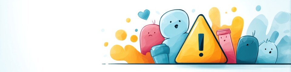 Colorful warning sign illustration featuring playful cartoon characters representing safety and caution in activities