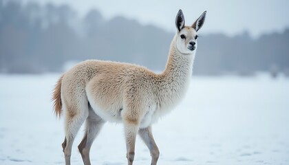 Obraz premium Majestic Llama Standing Proudly in a Snowy Winter Landscape, Focused Portrait