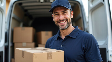 a delivery man with a box in his hands next to the van
