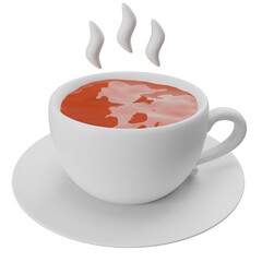 3D illustration of a steaming cup of hot tea, perfect for cozy and refreshing beverage visuals, with a white saucer and cup.