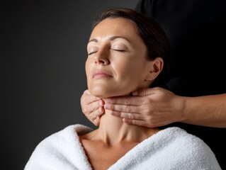 Relaxing Lymphatic Drainage Massage Therapy on Neck with Gentle Fingertip Strokes in Ambient Lighting Setting