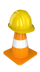 Traffic cone with yellow safety helmet for construction and safety isolated on white background