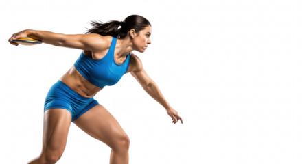 female athlete preparing to throw discus in intense sports action with transparent background
