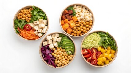 Vegan diet for cholesterol concept. Colorful bowls filled with fresh vegetables and grains.