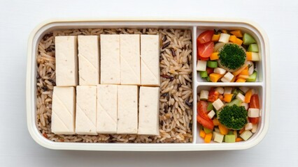 Vegan diet for cholesterol concept. Healthy meal with tofu and mixed vegetables in a divided tray.