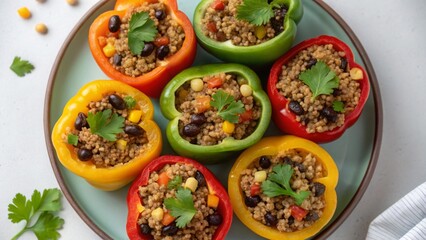 Vegan diet for cholesterol concept. Stuffed bell peppers with quinoa and vegetables on a plate.