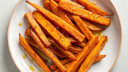 Vegan diet for cholesterol concept. Crispy sweet potato fries on a plate drizzled with oil.