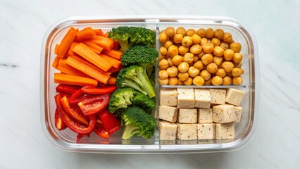 Vegan diet for cholesterol concept. Healthy meal prep with colorful vegetables and tofu.