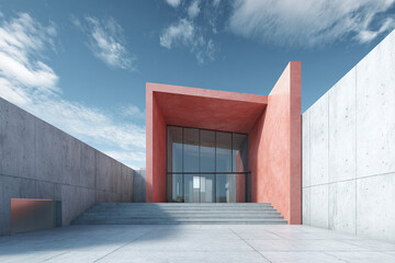 Modern concrete house with glass façade and open courtyard, shot from low angle