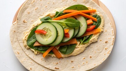 Vegan diet for cholesterol concept. Fresh vegetable wrap on a plate with vibrant greens and colorful peppers.