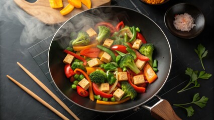 Vegan diet for cholesterol concept. Vibrant vegetable stir-fry with tofu in a wok.