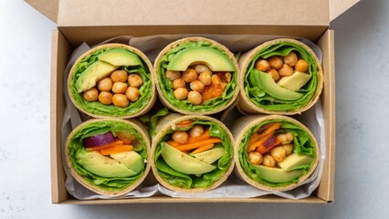 Vegan diet for cholesterol concept. Fresh vegetable wraps in a box, showcasing healthy ingredients.