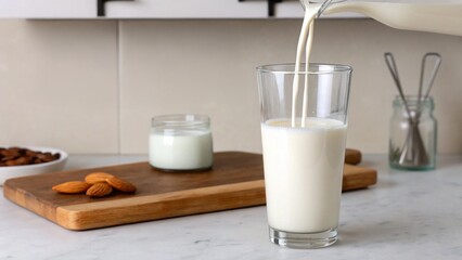 Vegan diet for cholesterol concept. Pouring almond milk into a glass with almonds on a wooden board.
