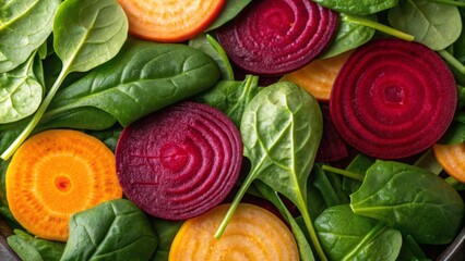 Vegan diet for cholesterol concept. Colorful beetroot slices with fresh spinach leaves.