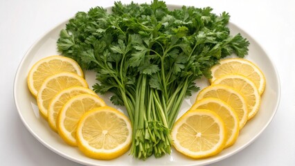 Vegan diet for cholesterol concept. Fresh parsley and lemon slices arranged on a plate.
