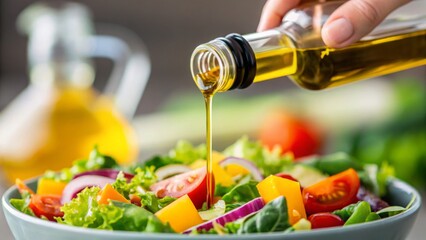 Vegan diet for cholesterol concept. Fresh salad being drizzled with olive oil.