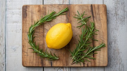 Vegan diet for cholesterol concept. Lemon surrounded by rosemary on a wooden cutting board.