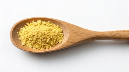 Vegan diet for cholesterol concept. Spoon filled with yellow powder on a white background.