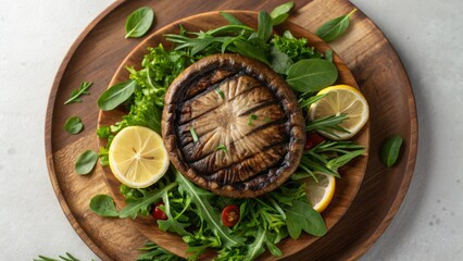 Vegan diet for cholesterol concept. Grilled mushroom served on a bed of fresh greens and lemon slices.
