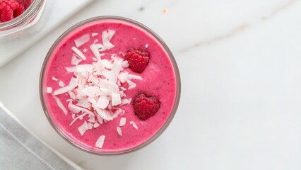 Vegan diet for cholesterol concept. Smoothie bowl topped with coconut and raspberries.