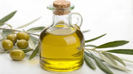 Vegan diet for cholesterol concept. Olive oil in a glass bottle with olives and leaves on a white background.