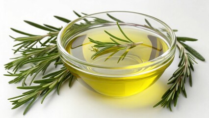 Vegan diet for cholesterol concept. A bowl of olive oil with fresh rosemary sprigs.