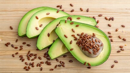 Vegan diet for cholesterol concept. Sliced avocado with seeds on a wooden surface.
