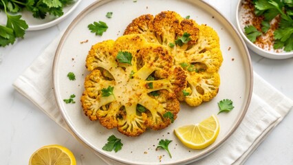 Vegan diet for cholesterol concept. Grilled cauliflower steaks garnished with herbs and lemon slices.