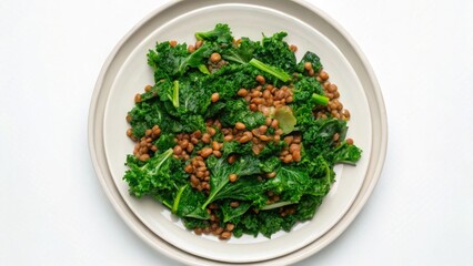 Vegan diet for cholesterol concept. Healthy kale salad with lentils served in a bowl.