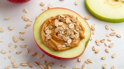 Vegan diet for cholesterol concept. Sliced apple topped with peanut butter and oats on a light background.