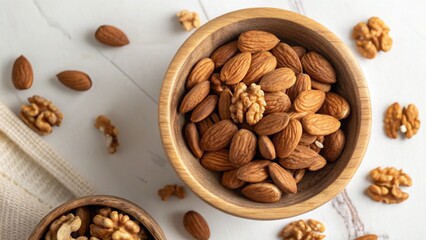 Vegan diet for cholesterol concept. Bowls filled with nuts and seeds on a light surface.