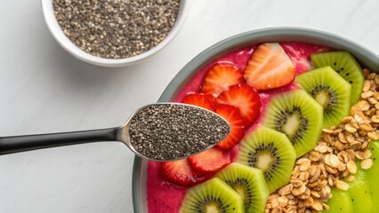 Vegan diet for cholesterol concept. Healthy smoothie bowl with fruits and chia seeds on a marble surface.