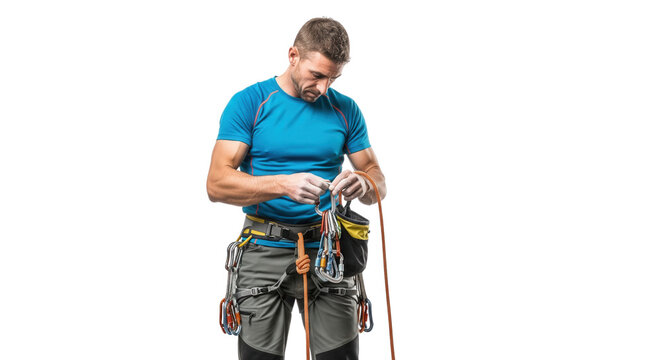 Man wearing climbing gear holding carabiners with transparent background