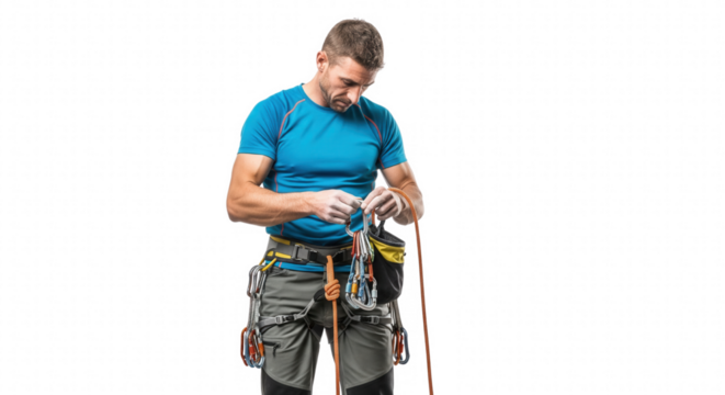 Man wearing climbing gear holding carabiners with transparent background