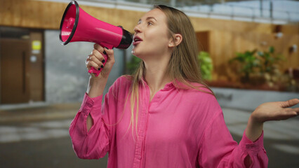 Woman outdoors speaking into a pink megaphone with an expressive gesture, wearing a matching pink...