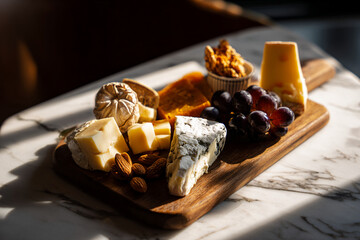 Side profile of charcuterie board on marble table, deep shadows and warm light