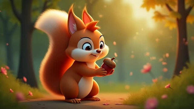 Cute cartoon squirrel holding acorn in forest
