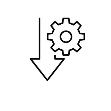 Performance drop icon outline style. A gear next to a large downward arrow representing system failure or decline in productivity. Thin line symbol vector illustration.