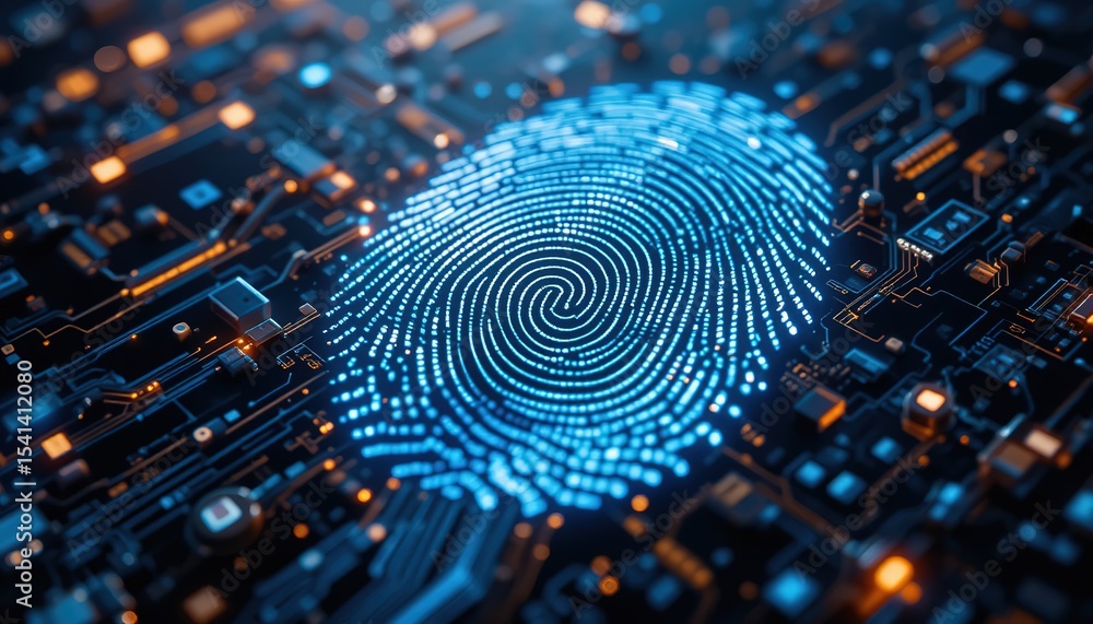 Poster futuristic tech, biometric authentication with fingerprint scan. digital identity, cybersecurity, da