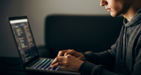 Software engineer working on project, typing code on laptop keyboard with focused view of programming interface and system scripts